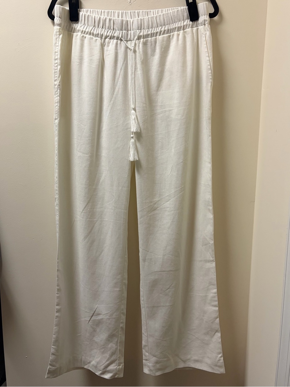 Fever Linen-Blend Off-White Elastic Waist Wide-Leg Trousers Size Large